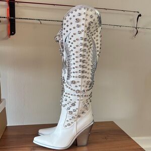 Elegant White Studded Over the Knee Boots